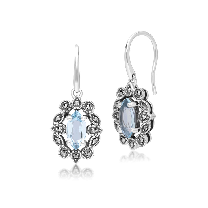 Pendientes colgantes de topacio azul marquesa y marcasita estilo art déco en plata de ley