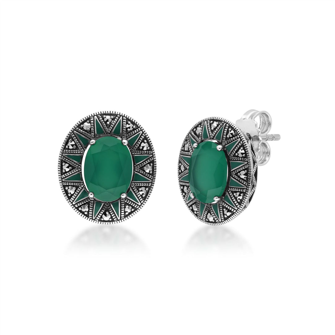 Pendientes ovalados de calcedonia y marcasita de inspiración Art Déco