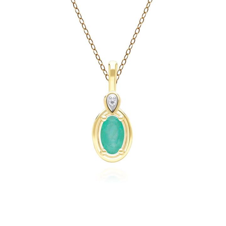 Collar clásico con colgante de esmeralda ovalada y diamante redondo en oro amarillo de 9 quilates