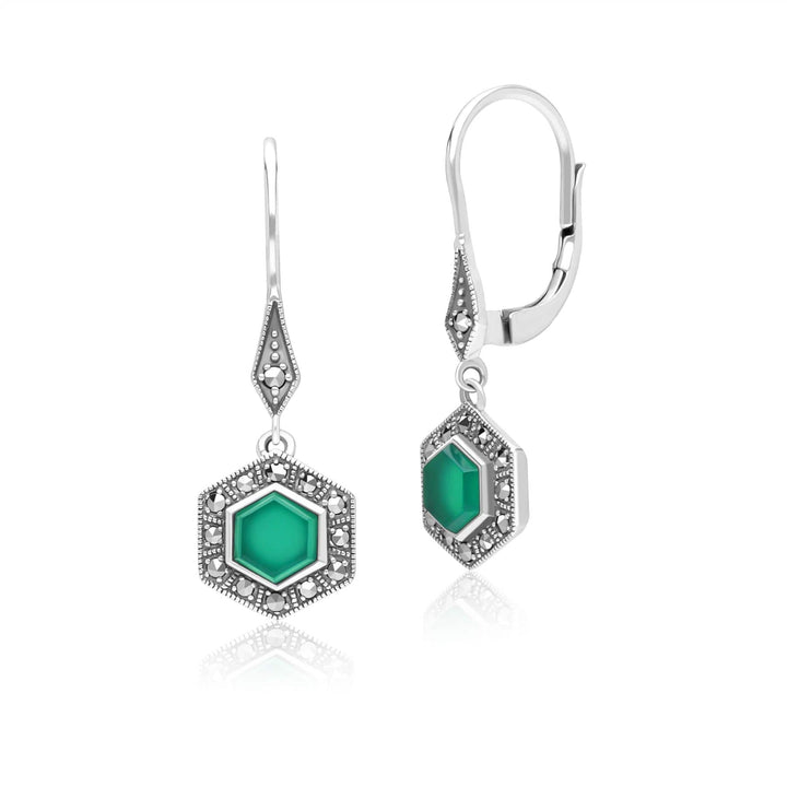 Art Deco Style Hexagon Chalcedony and Marcasite Drop Earrings in Sterling Silver 214E936001925
