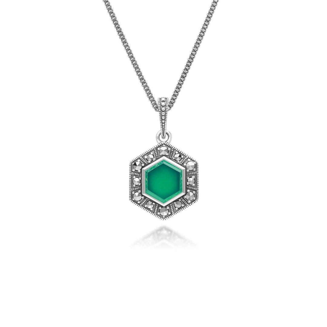 Art Deco Style Hexagon Chalcedony and Marcasite Pendant Necklace in Sterling Silver 214P333901925
