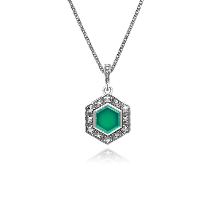 Art Deco Style Hexagon Chalcedony and Marcasite Pendant Necklace in Sterling Silver 214P333901925
