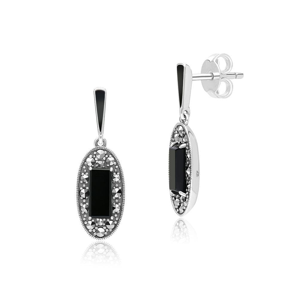 Art Deco Style Oval Onyx, Marcasite and Black Enamel Drop Earrings in Sterling Silver 214E936402925