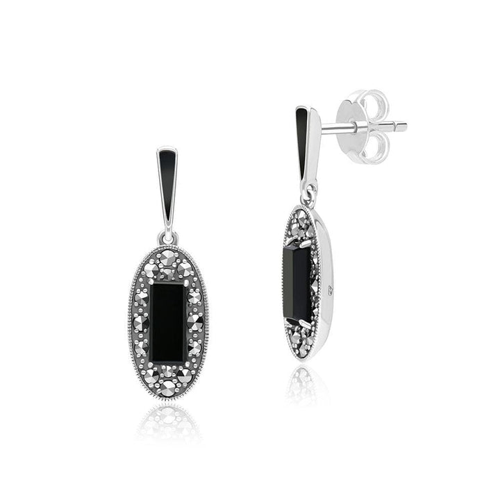 Art Deco Style Oval Onyx, Marcasite and Black Enamel Drop Earrings in Sterling Silver 214E936402925
