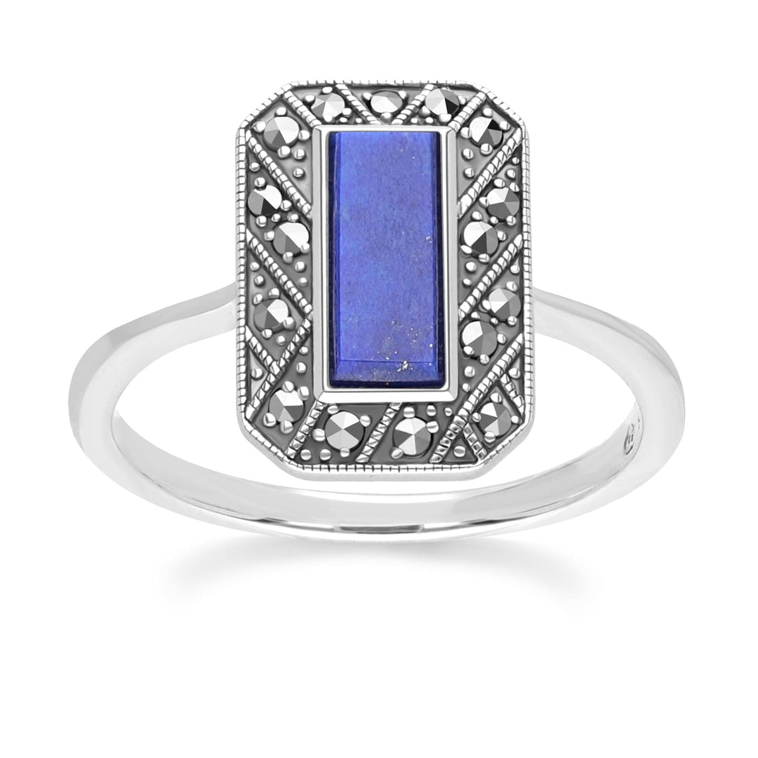 Art Deco Style Rectangle Lapis Lazuli and Marcasite Ring in Sterling Silver 214R641903925