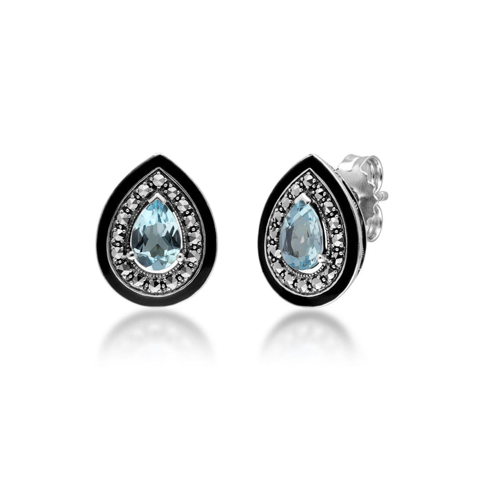 Pendientes de topacio azul y marcasita con corte de pera de inspiración Art Déco