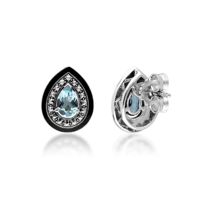 Pendientes de topacio azul y marcasita con corte de pera de inspiración Art Déco