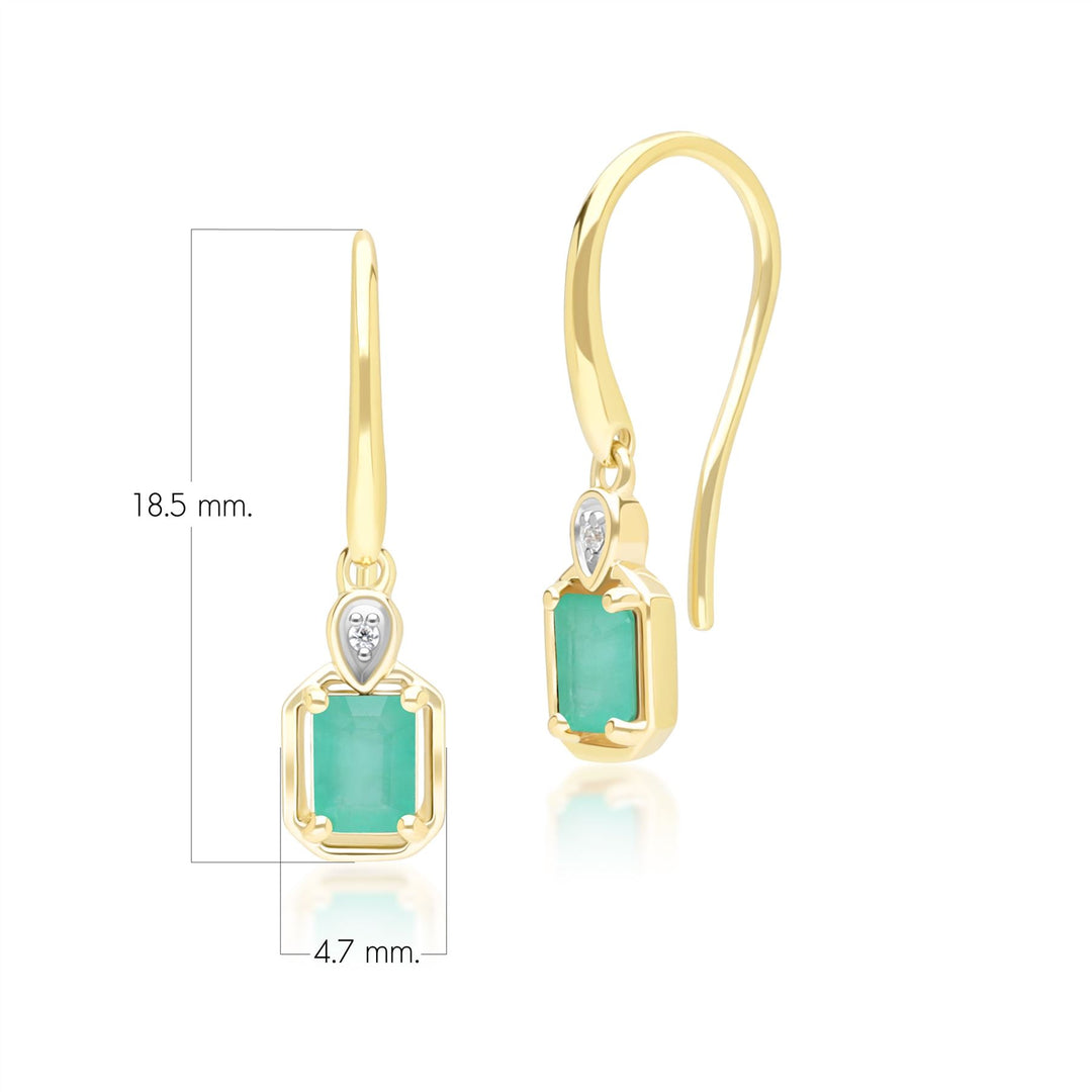 Pendientes colgantes clásicos de esmeralda baguette y diamantes en oro amarillo de 9 quilates