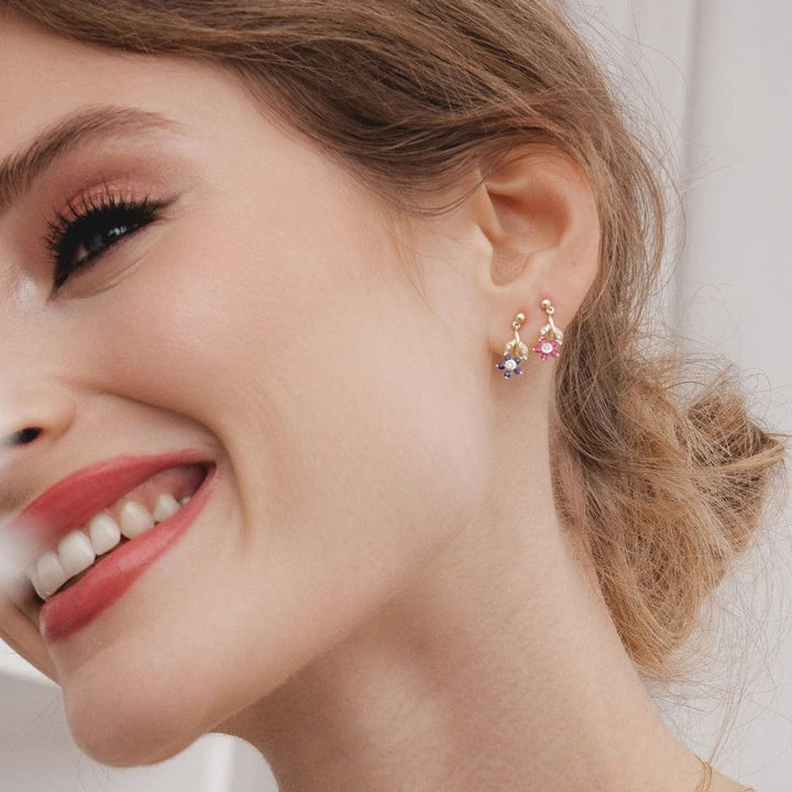 floral-ruby-diamond-drop-earrings-in-9ct-yellow-gold-132e2933029 on Model