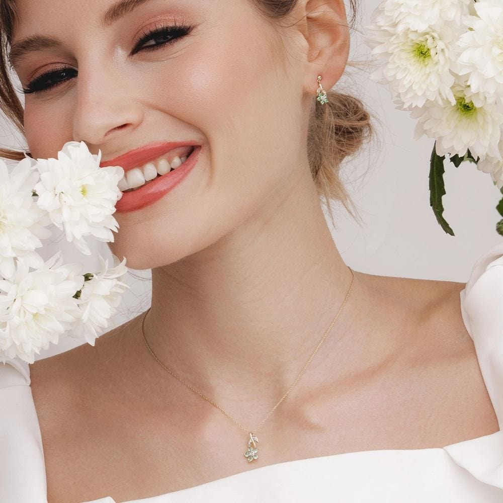 floral-emerald-diamond-drop-earrings-in-9ct-yellow-gold-132e2933049 on Model