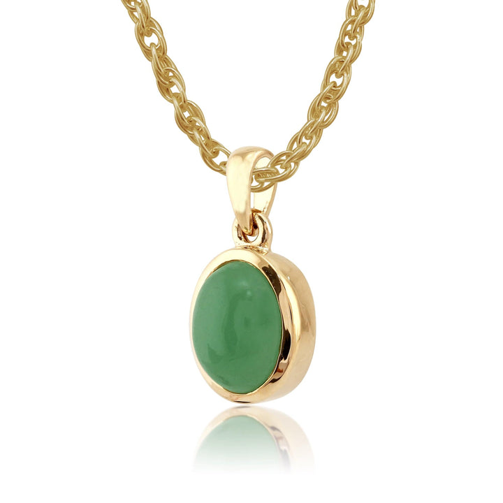 Classic Oval Dyed Green Jade Bezel Pendant & Cocktail Ring Set in 9ct Yellow Gold - Gemondo