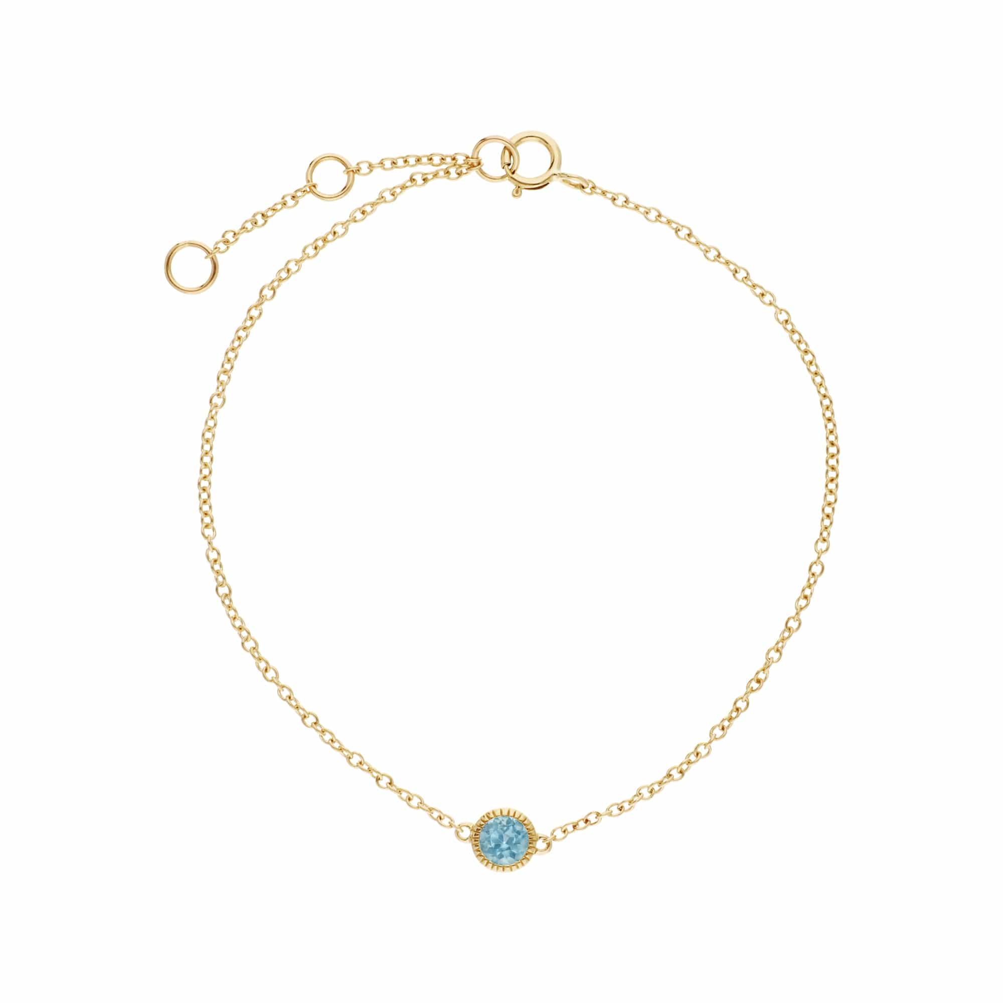 Classic Single Stone Round Blue Topaz Milgrain Bracelet in 9ct Yellow Gold - Gemondo