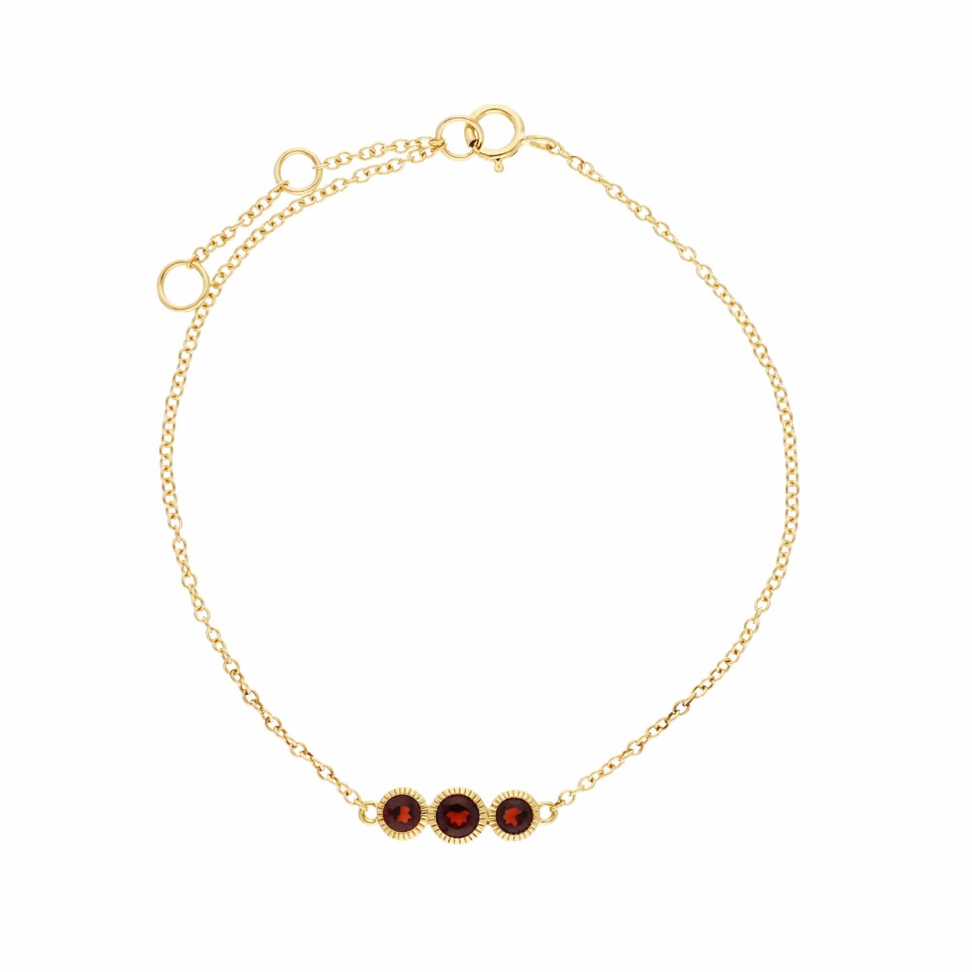Classic Round Garnet Three Stone Milgrain Bracelet in 9ct Gold - Gemondo