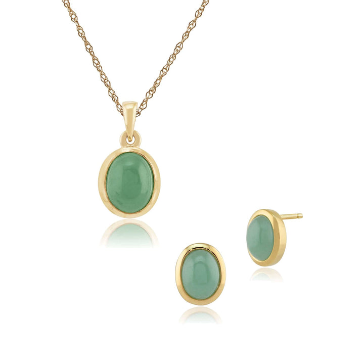 18899-8040 Classic Oval Jade Bezel Stud Earrings & Pendant Set in 9ct Gold 1