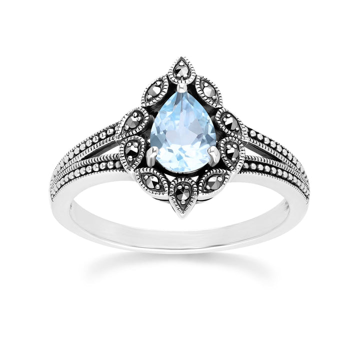 Anillo Art Déco de topacio azul pera y marcasita en plata de ley