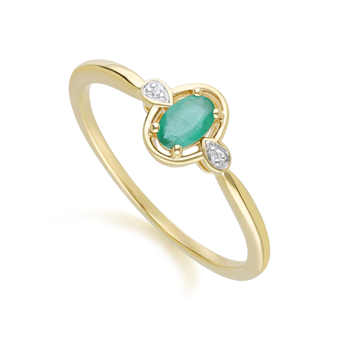 Anillo clásico ovalado de esmeralda y diamantes en oro amarillo de 9 quilates
