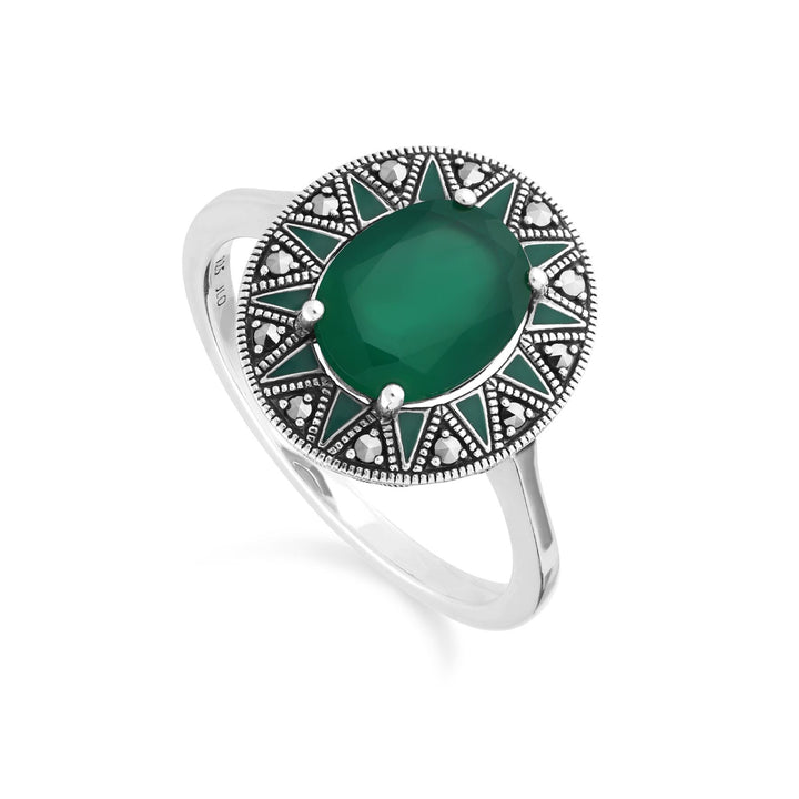 Anillo ovalado de calcedonia y marcasita de inspiración Art Déco