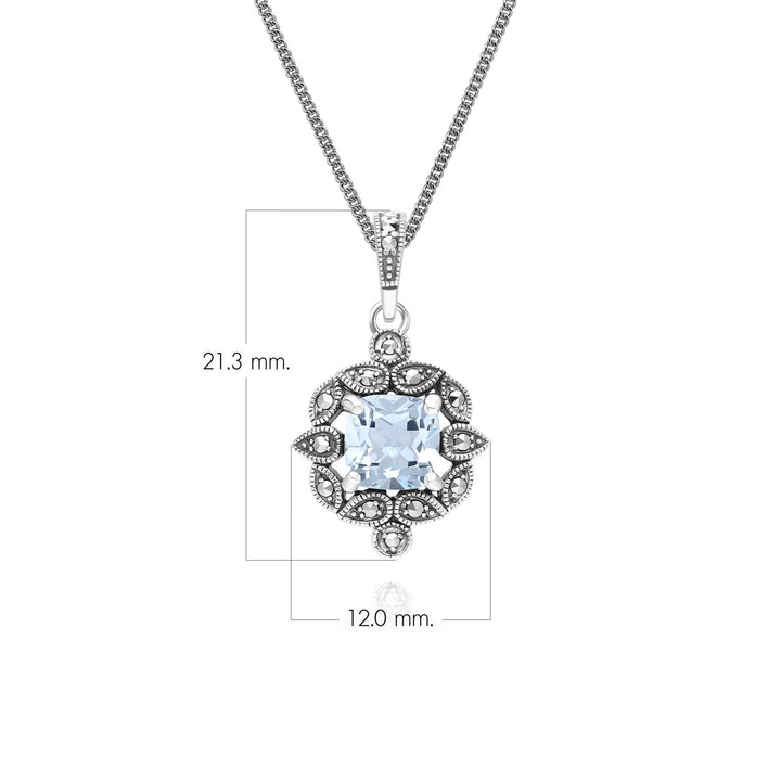 Collar con colgante de topacio azul y marcasita estilo cojín estilo Art Déco en plata de ley
