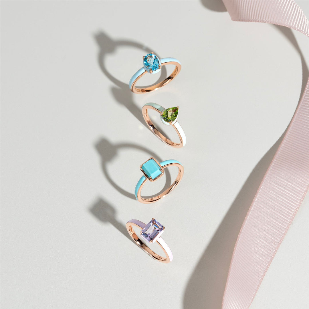 Anillo de esmalte azul y turquesa octogonal de Vals Siberiano en oro vermeil rosa