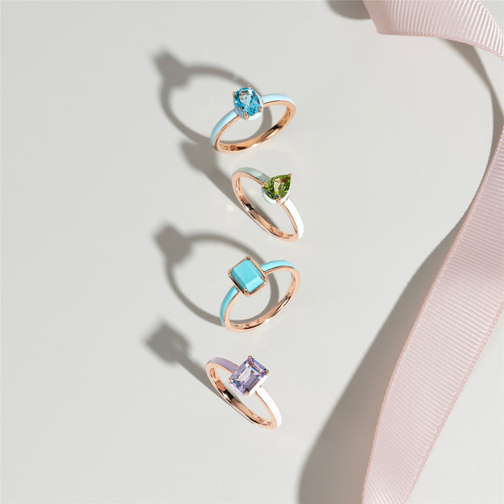 Anillo de esmalte azul y turquesa octogonal de Vals Siberiano en oro vermeil rosa