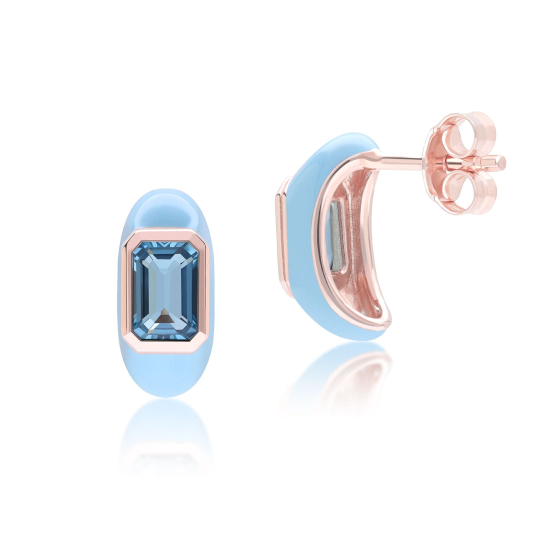 Pendientes de medio aro con esmalte azul y topacio azul cielo octagonal de Vals Siberiano en oro vermeil rosa