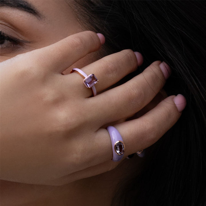 Anillo de esmalte violeta y amatista rosa octagonal de Vals Siberiano en oro vermeil rosa