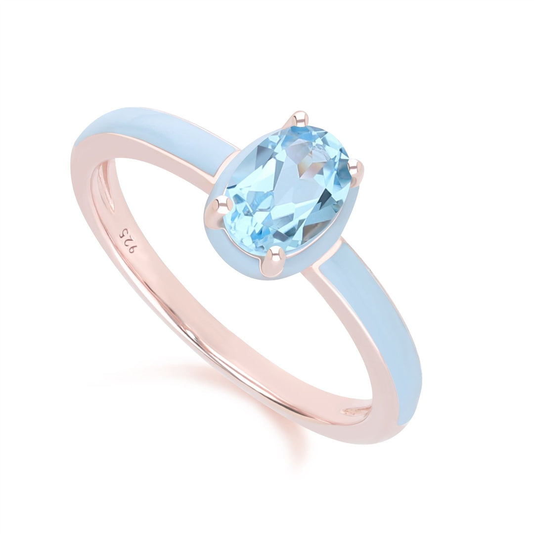 Anillo de esmalte azul y topacio azul cielo ovalado de Vals Siberiano en oro vermeil rosa