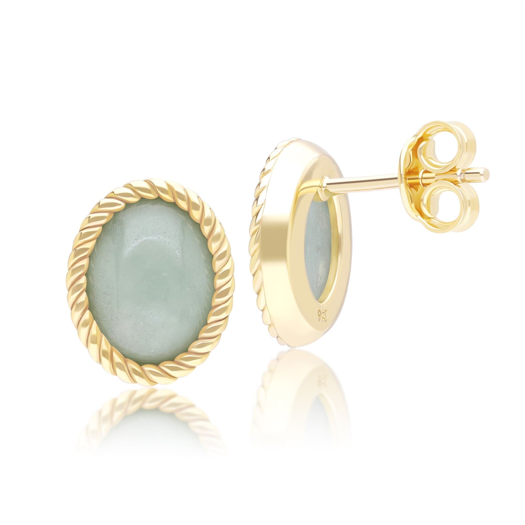 Classic Oval Green Jadeite Stud Earrings in 9ct Yellow Gold