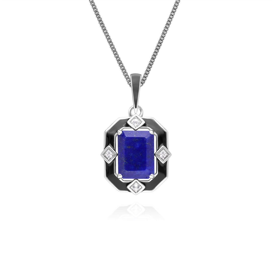 Collar con colgante Grand Deco de esmalte negro, lapislázuli y topacio en plata de ley