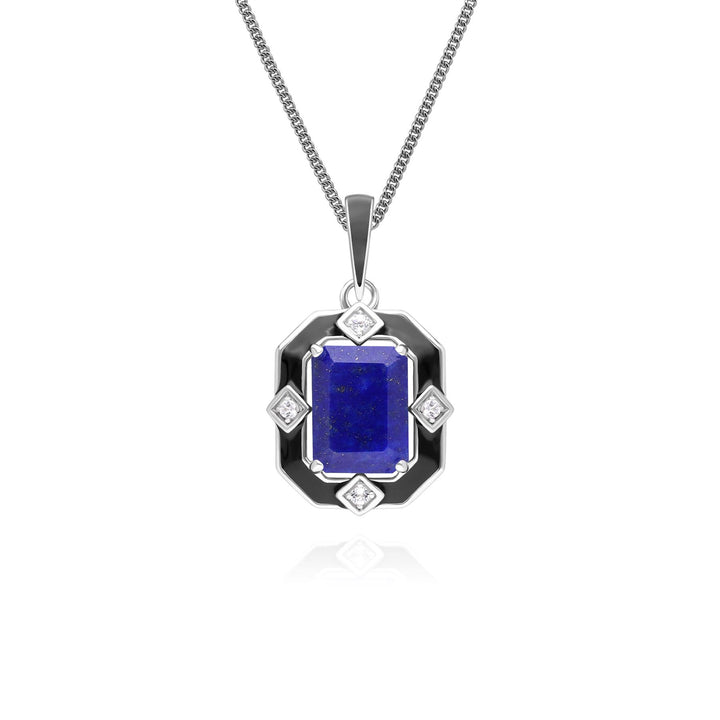 Collar con colgante Grand Deco de esmalte negro, lapislázuli y topacio en plata de ley
