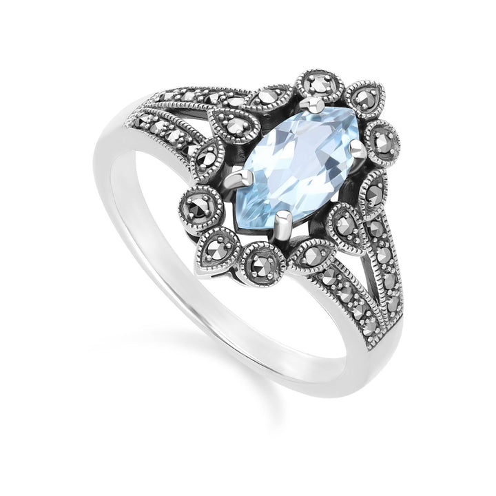 Anillo de topacio azul marquesa y marcasita estilo art déco en plata de ley