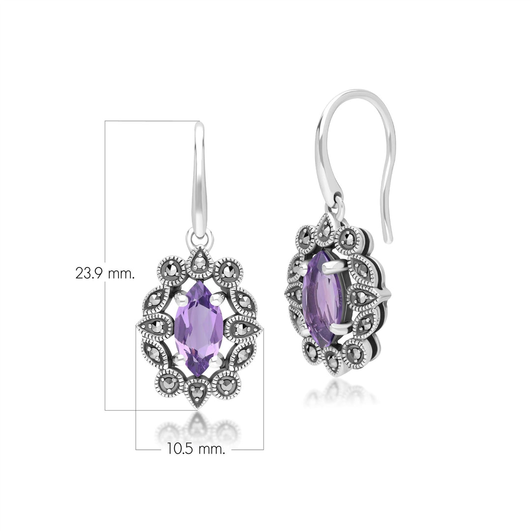 Pendientes colgantes de amatista y marcasita estilo marquesa en plata de ley estilo art déco.