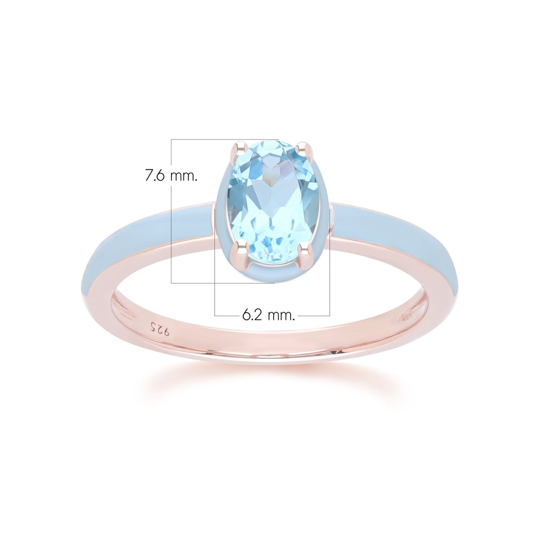 Anillo de esmalte azul y topacio azul cielo ovalado de Vals Siberiano en oro vermeil rosa