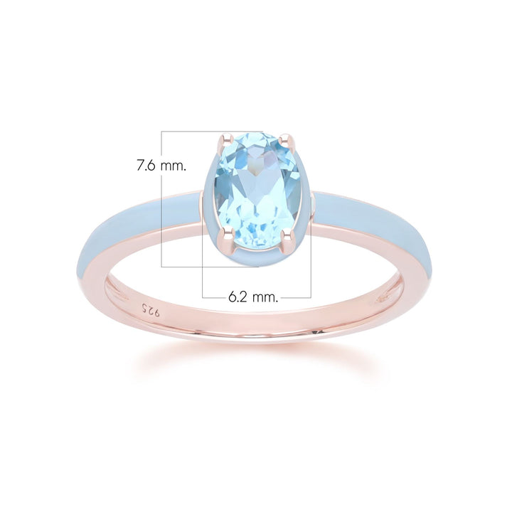 Anillo de esmalte azul y topacio azul cielo ovalado de Vals Siberiano en oro vermeil rosa