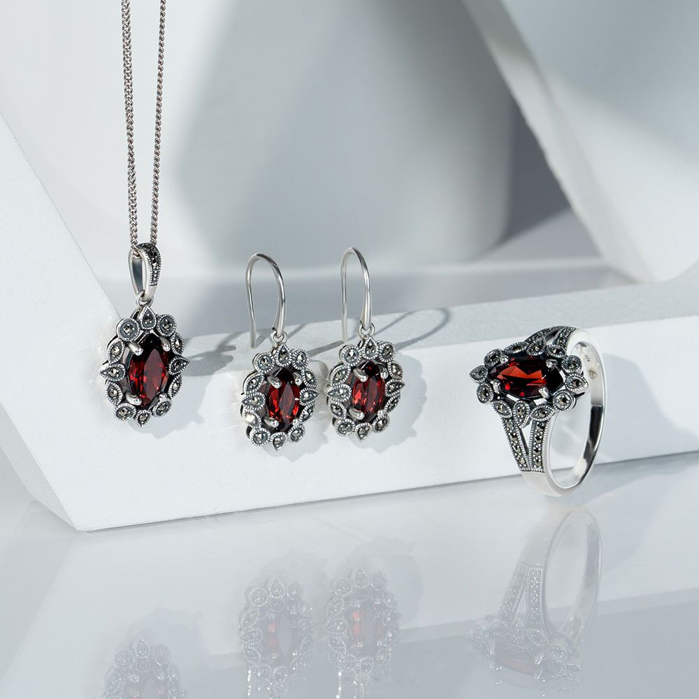 Art Deco Style Marquise Garnet & Marcasite Pendant Necklace in Sterling Silver