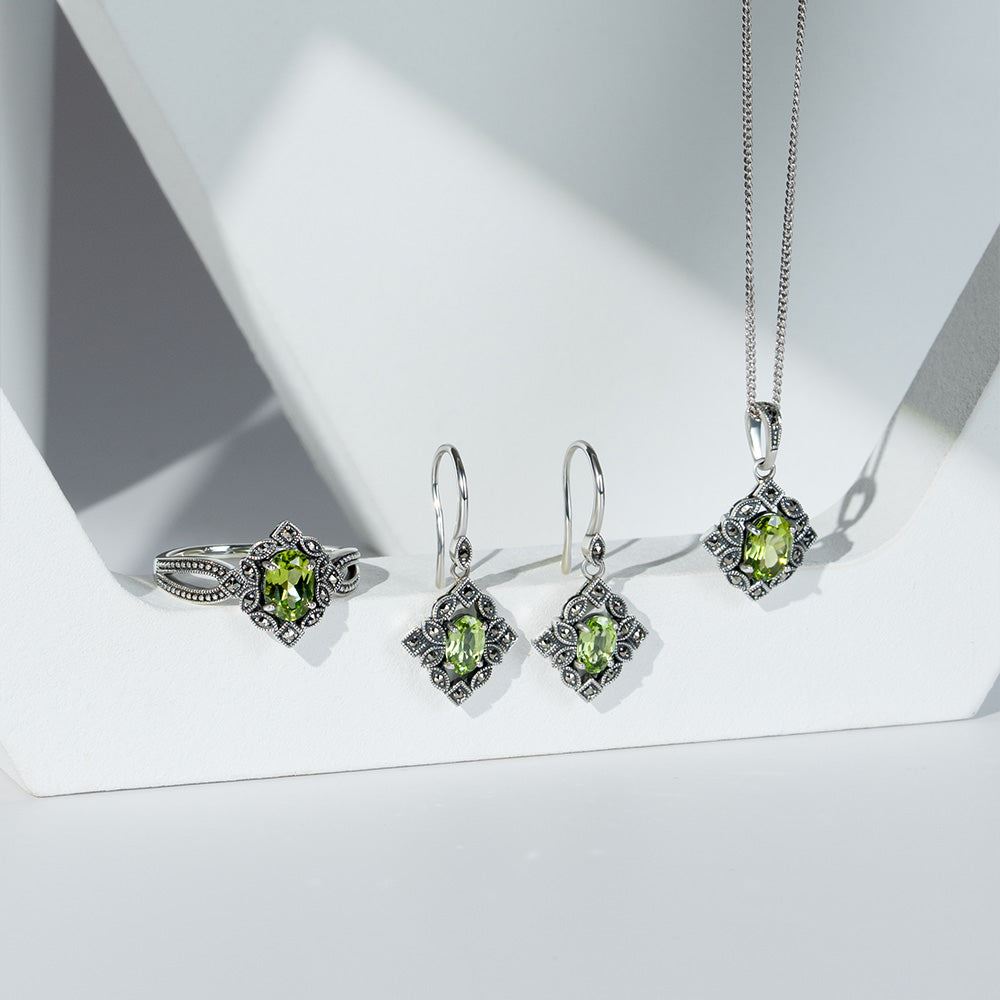 Art Deco Style Oval Peridot & Marcasite Drop Earrings in Sterling Silver
