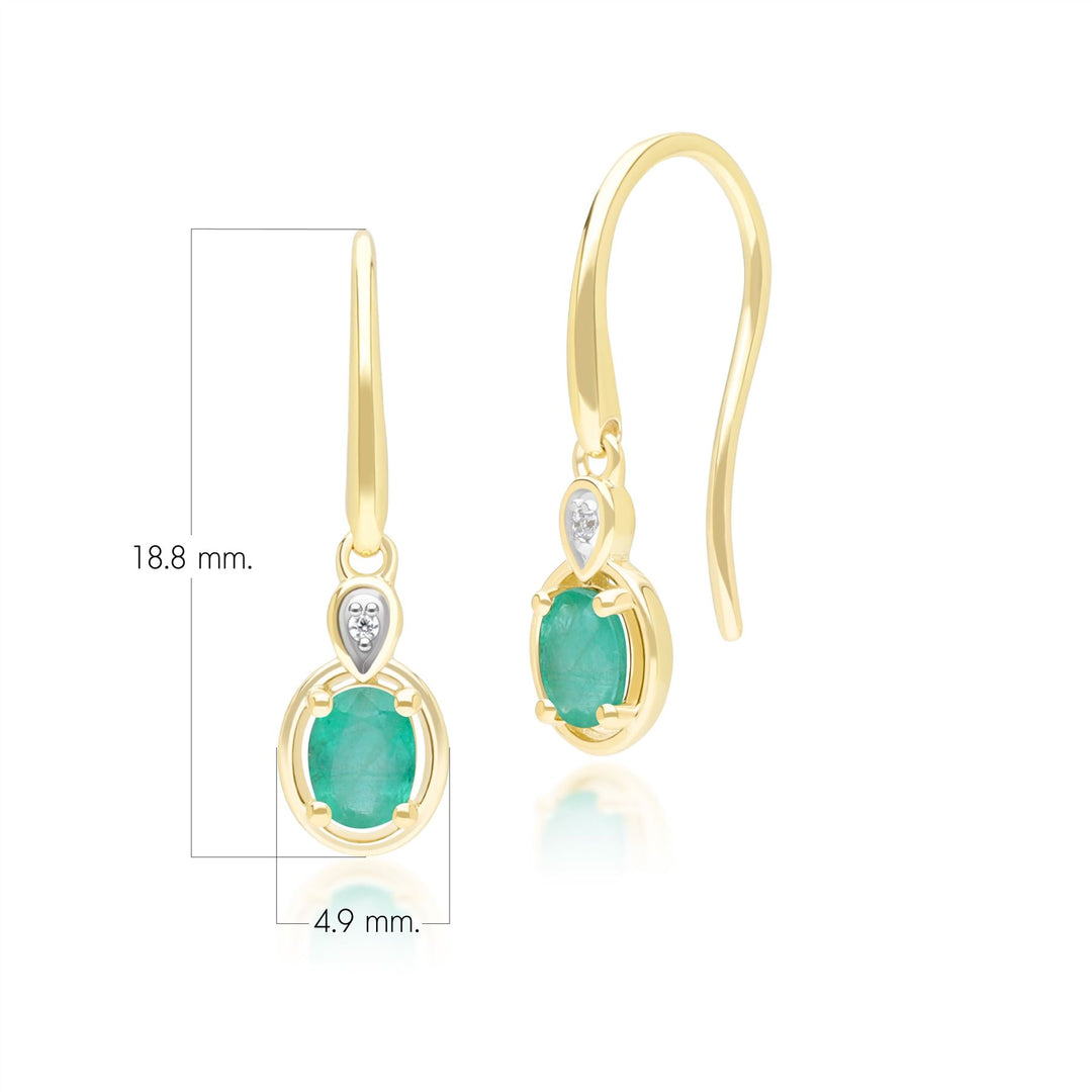 Pendientes colgantes clásicos de esmeralda ovalada y diamantes redondos en oro amarillo de 9 quilates