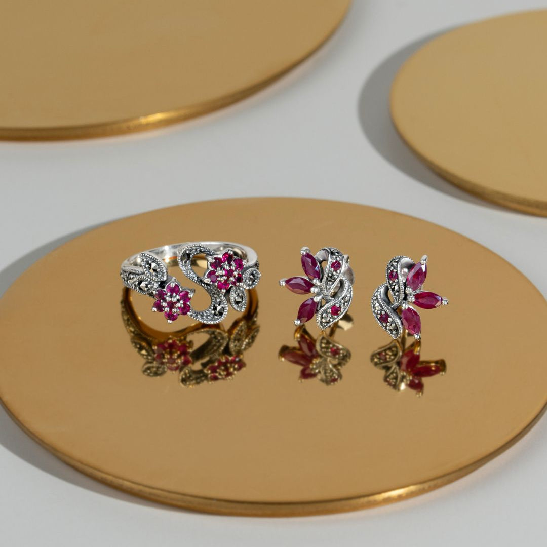 Aretes de hoja de marcasita y rubí marquesa Art Nouveau en plata de ley 925