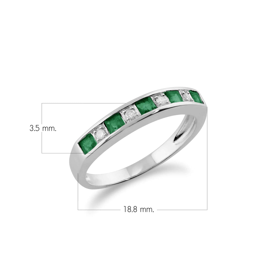 Anillo clásico de media eternidad con diamante y esmeralda cuadrada en oro blanco de 9 quilates