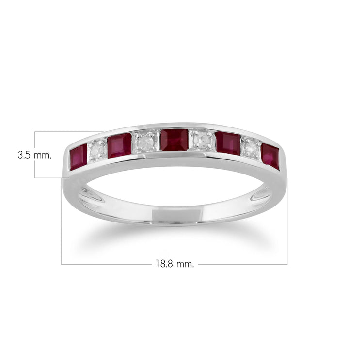 Anillo clásico de media eternidad con diamantes y rubíes cuadrados en oro blanco de 9 quilates