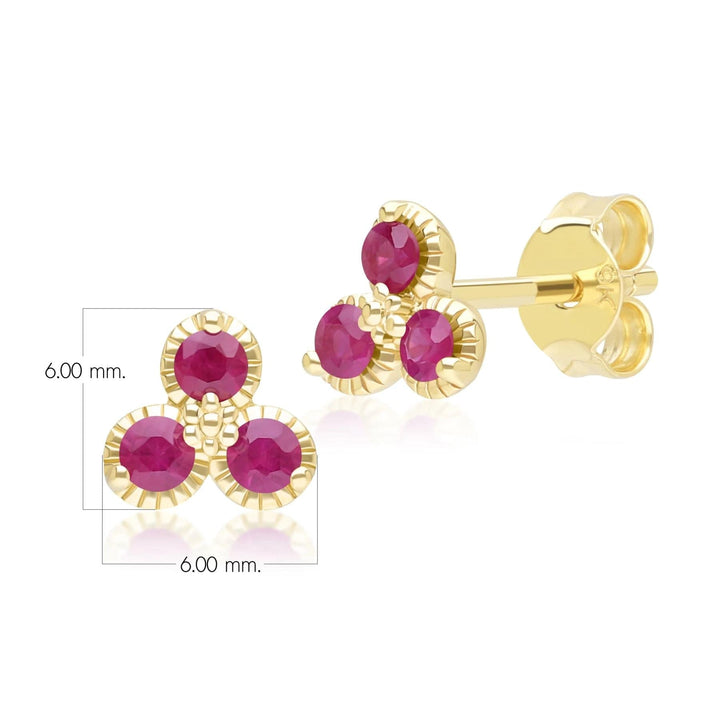 Aretes florales con tres piedras y rubíes en oro amarillo de 9 quilates