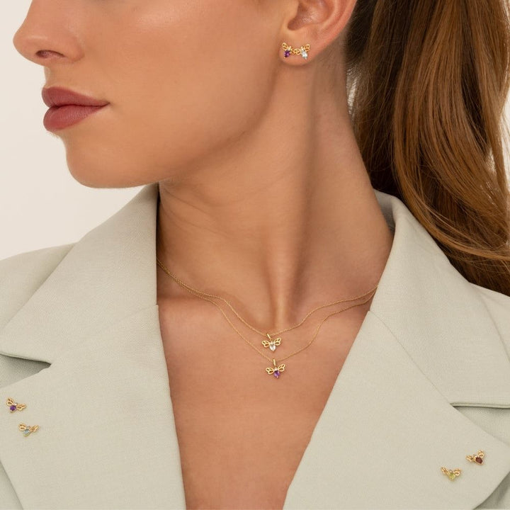 Honeycomb Art Nouveau Pear Shape Peridot and Diamond Bee Stud Earrings in 9ct Yellow Gold