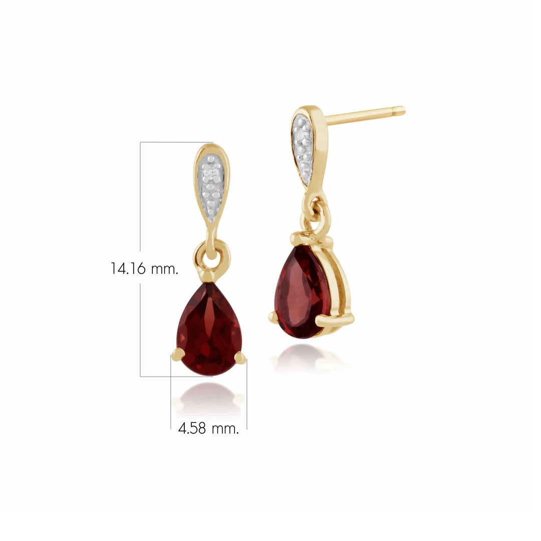 Pendientes colgantes clásicos de pera con granate de 1,00 ct y diamantes en oro amarillo de 9 ct