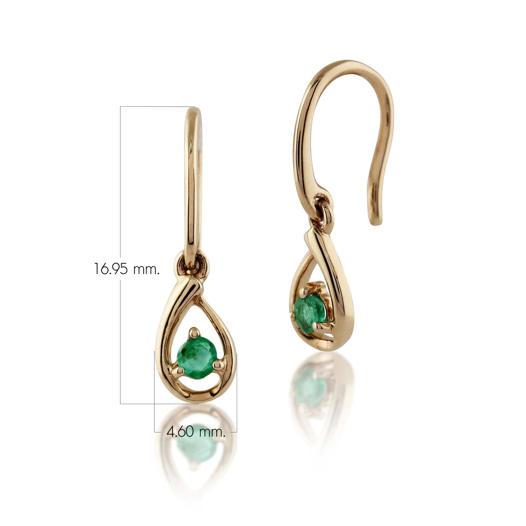 Aretes colgantes de esmeralda redondos clásicos en oro amarillo de 9 quilates