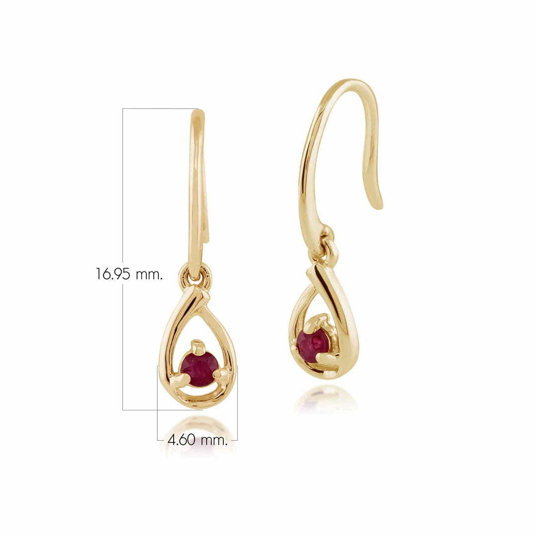 Aretes colgantes redondos clásicos de rubí en oro amarillo de 9 quilates