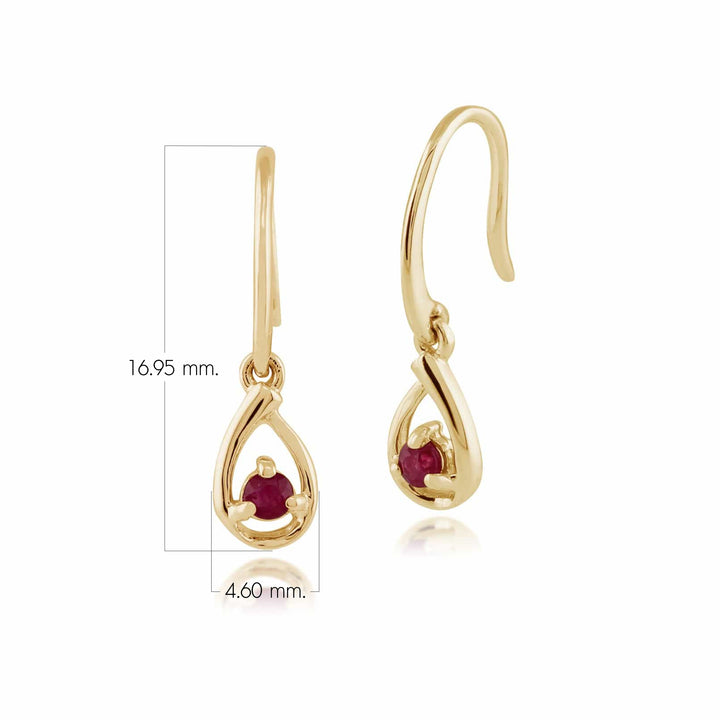Aretes colgantes redondos clásicos de rubí en oro amarillo de 9 quilates