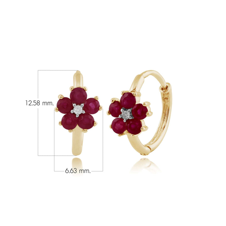 Aretes tipo argolla con diamantes y rubíes redondos florales en oro amarillo de 9 quilates