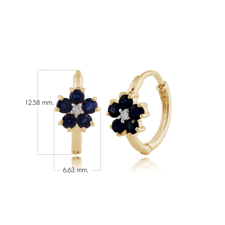 Aretes de argolla con diamantes y zafiros redondos florales en oro amarillo de 9 quilates