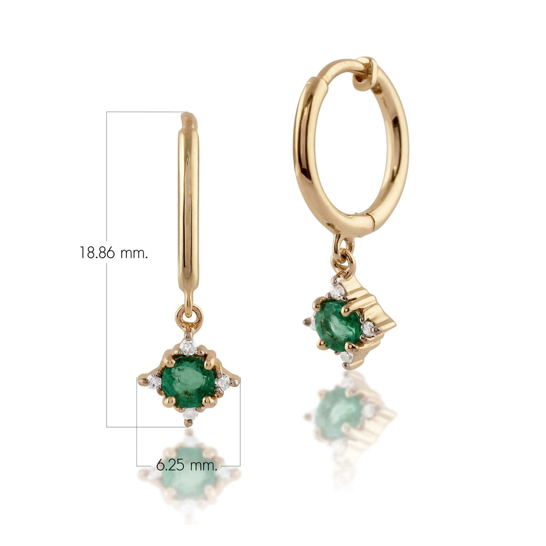 Aretes tipo argolla con diamantes y esmeraldas redondas clásicas en oro amarillo de 9 quilates
