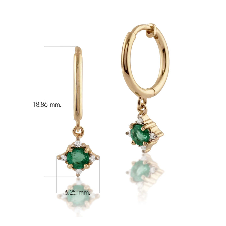 Aretes tipo argolla con diamantes y esmeraldas redondas clásicas en oro amarillo de 9 quilates